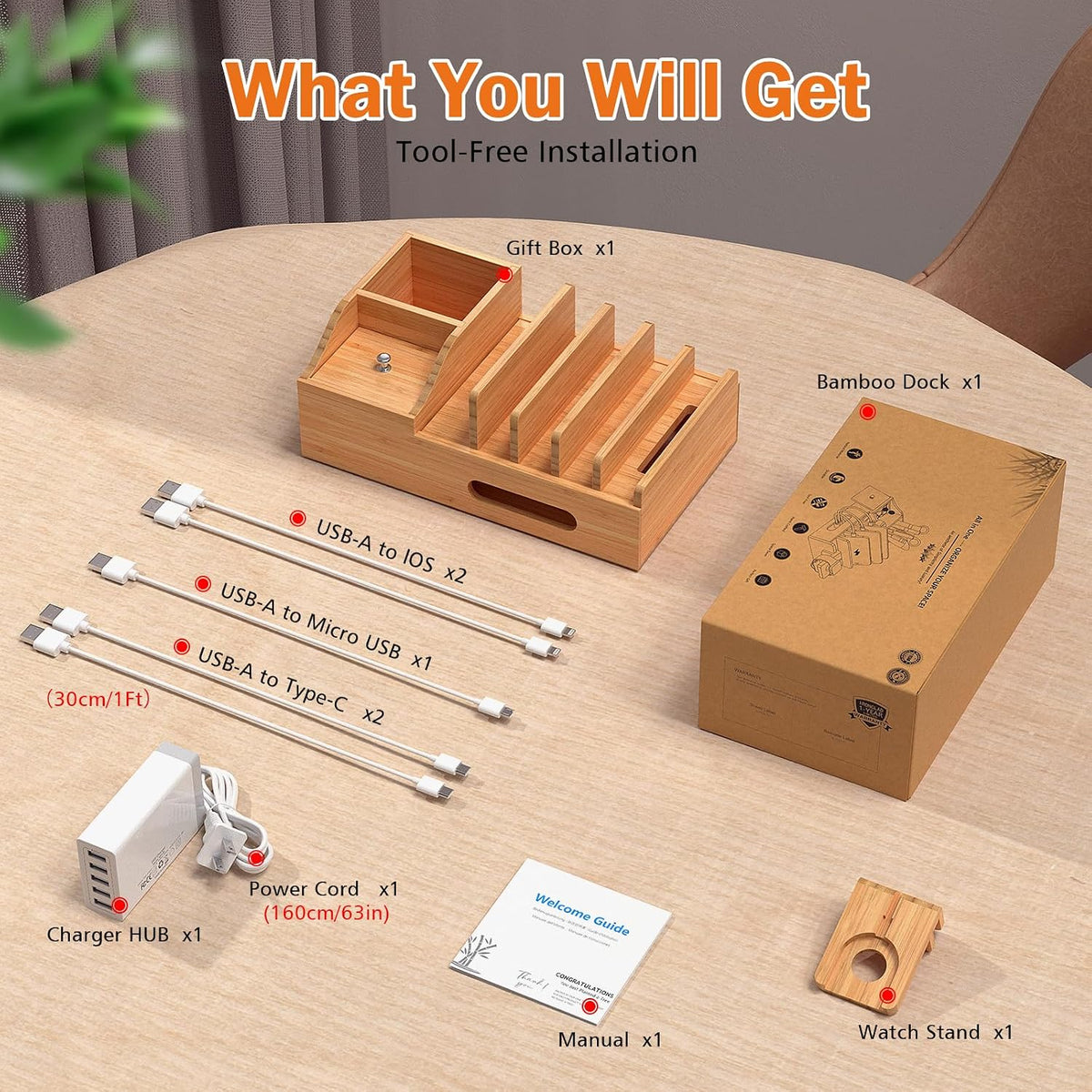 Bamboo Charging Station for Multiple Devices with USB Charger, 5 Cables