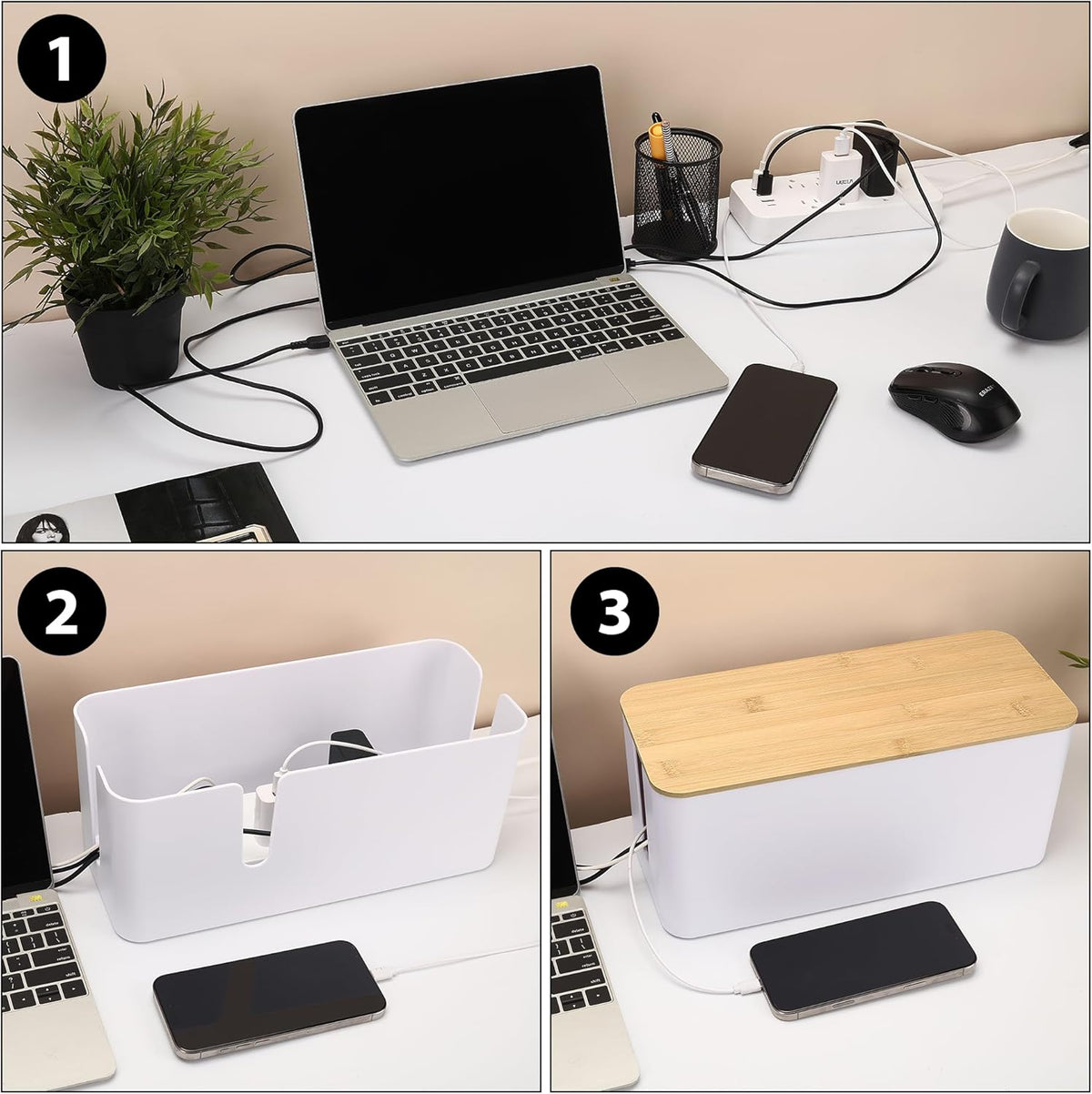 ZhiYo 2 Pack Cable Management Box, Medium & XL, Power Strip Organizer Black