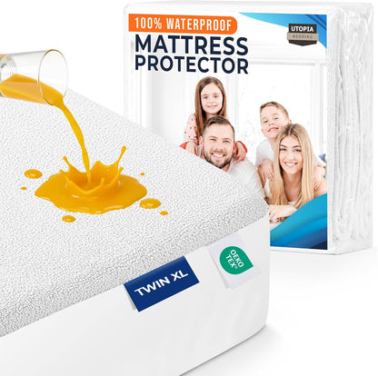 Queen Size Mattress Protector Waterproof, Premium 200 GSM Terry Mattress Cover, Soft & Breathable Bed Cover, Fitted Sheet Style Stretchable Deep Pockets 17" by Utopia Bedding (White)