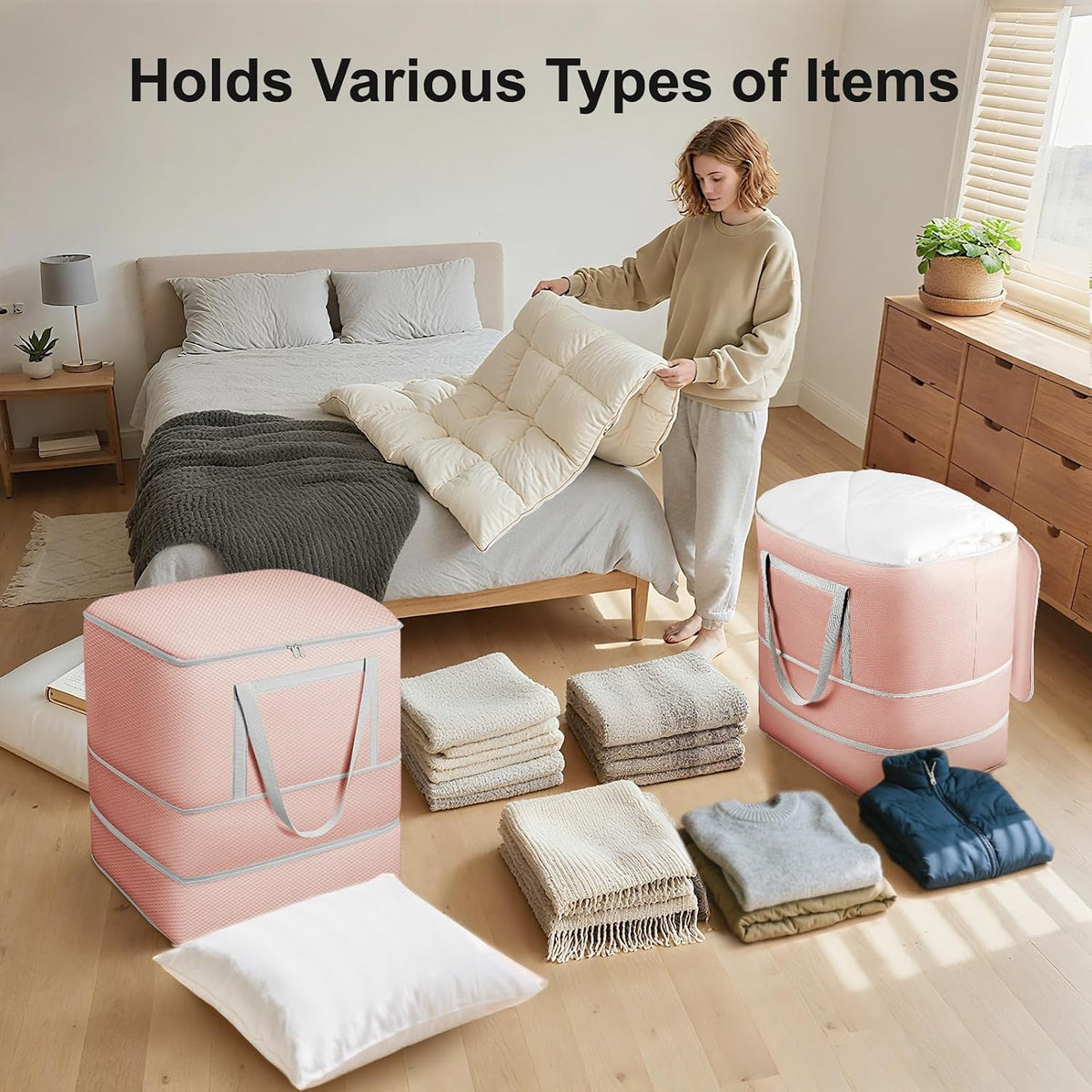 Comforter Storage Bag - 130L Large Capacity Blanket Storage Bags 4-Layer Ultra Space Saving Self Compression Organizer, Washable Compression Bags for Storage Comforter Blanket, Beige