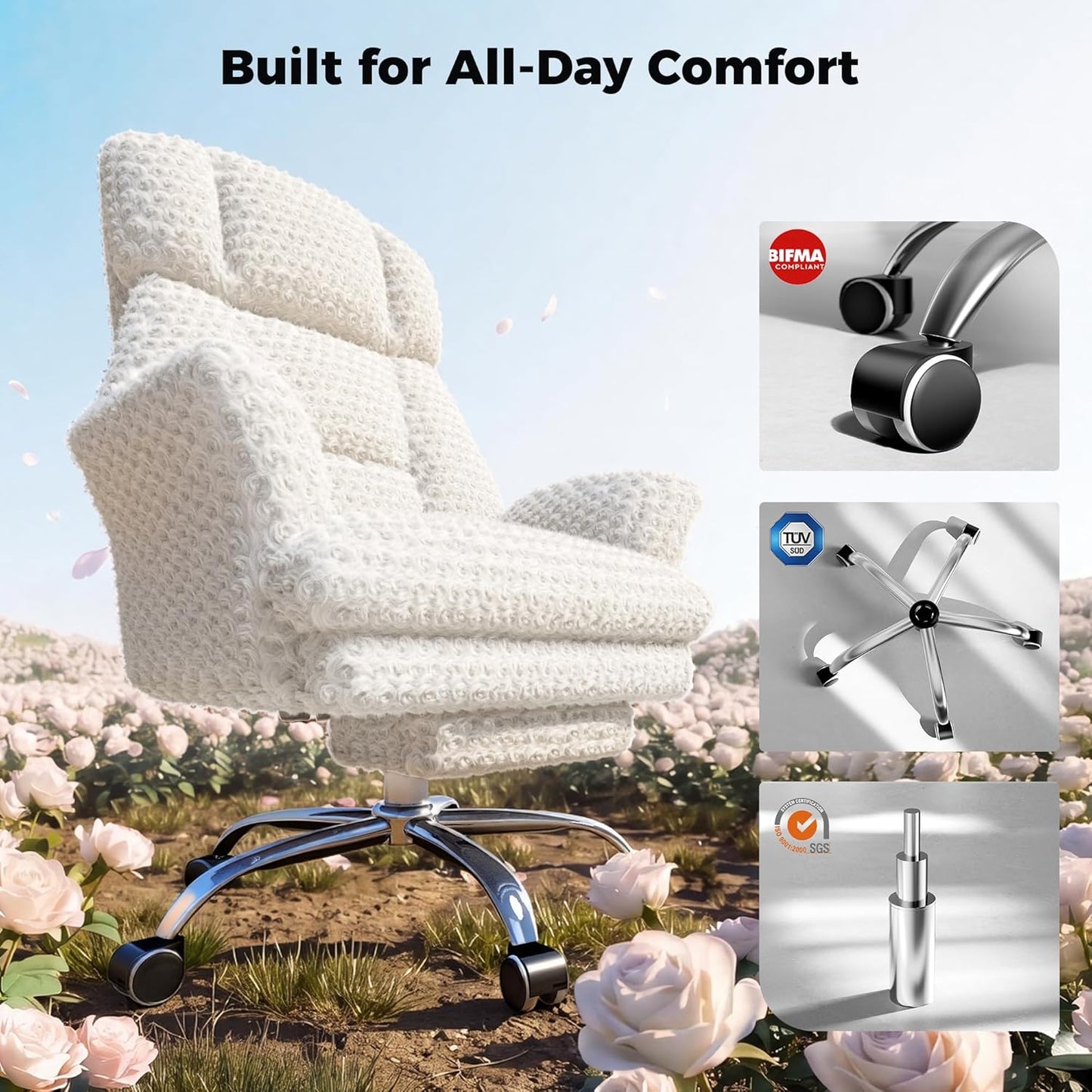 Big and Tall Office Chair, Flip Armrests for Pets & Cross Legged Sitting, Executive Ergonomic Computer Gaming Chair with Foot Rest, Teddy Fleece Wide Seat Reclining Desk Chair, White Vanity Chair