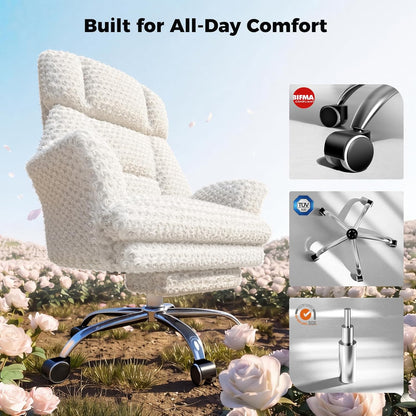 Big and Tall Office Chair, Flip Armrests for Pets & Cross Legged Sitting, Executive Ergonomic Computer Gaming Chair with Foot Rest, Teddy Fleece Wide Seat Reclining Desk Chair, White Vanity Chair