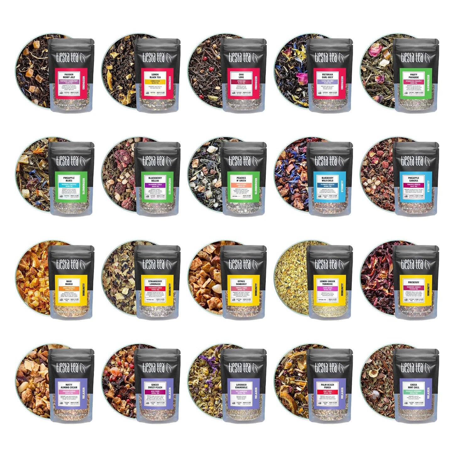 Tiesta Tea - Discovery Sampler Dry Flight Set, Loose Leaf, High to No Caffeine, Hot & Iced Up to 200 Cups, Tea Variety Pack with Green, Herbal, Black & Chai Brew, 20 Resealable Sample Pouches