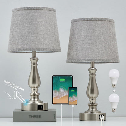 EJIAXIN Lamps for Bedrooms Set of 2, Brushed Nickel Bedside Lamps with USB C+A Ports,Dimmable Nightstand Lamps with Fabric Lampshade, Touch Table Lamp for Living Room Bedroom Office, Bulbs Included