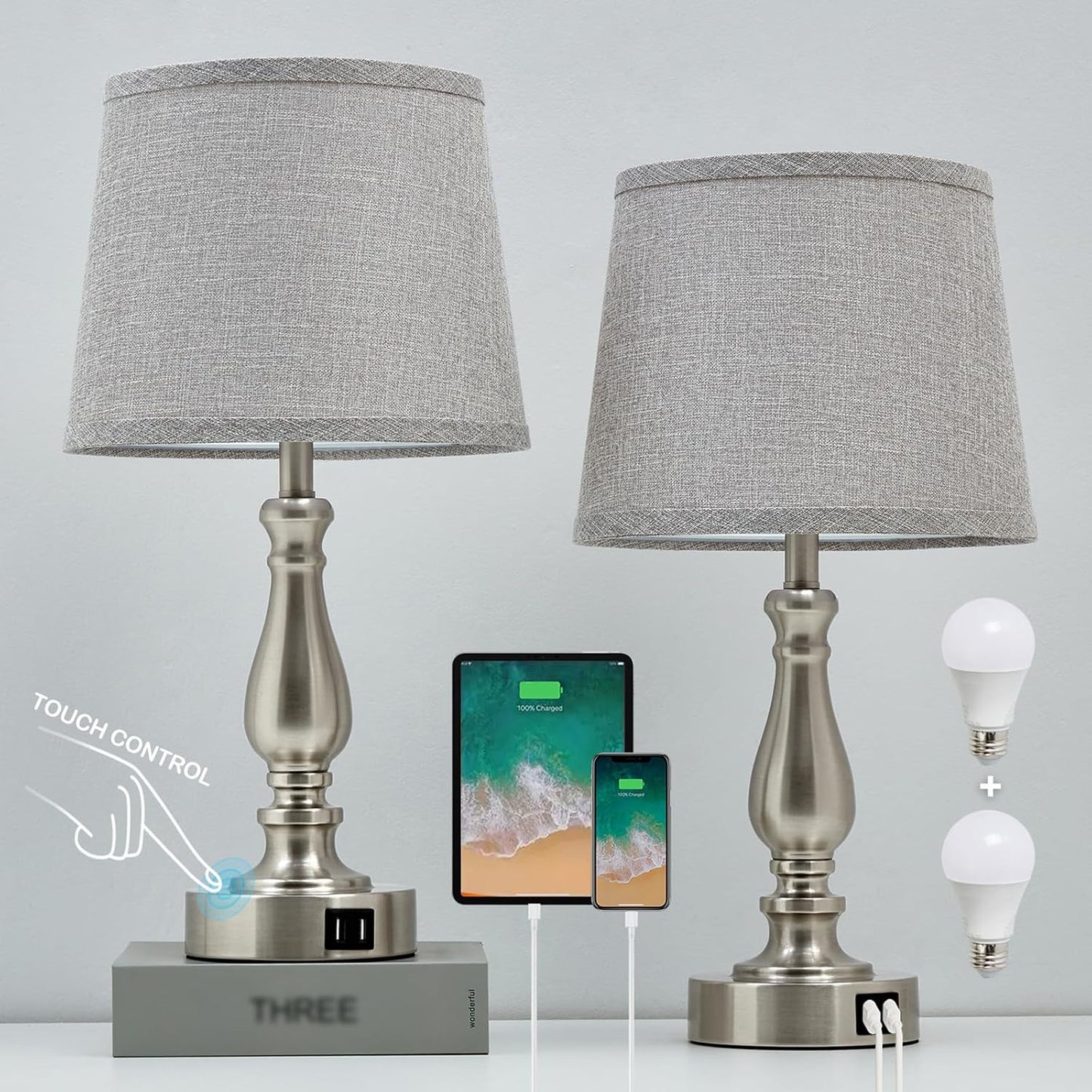 EJIAXIN Lamps for Bedrooms Set of 2, Brushed Nickel Bedside Lamps with USB C+A Ports,Dimmable Nightstand Lamps with Fabric Lampshade, Touch Table Lamp for Living Room Bedroom Office, Bulbs Included