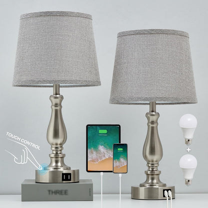 EJIAXIN Lamps for Bedrooms Set of 2, Brushed Nickel Bedside Lamps with USB C+A Ports,Dimmable Nightstand Lamps with Fabric Lampshade, Touch Table Lamp for Living Room Bedroom Office, Bulbs Included