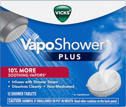 Vicks, VapoShower Plus, Shower Steamers, Eucalyptus Shower Steamer & Menthol Scent, Clean Dissolving Vapor Shower Tablets, Aromatherapy Shower Steamer & Shower Bombs, 12 count