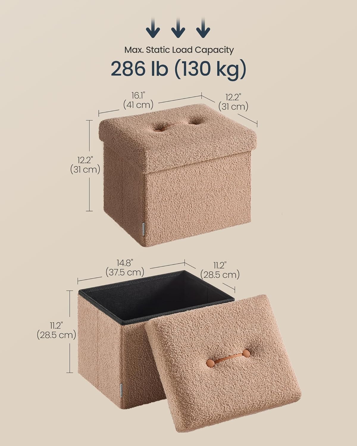 SONGMICS Small Folding Storage Ottoman, Foot Rest Stool, Cube Footrest, Synthetic Leather, 12.2 x 16.1 x 12.2 Inches, 286 lb Capacity, for Living Room, Bedroom, Dorm, Ink Black ULSF100B01