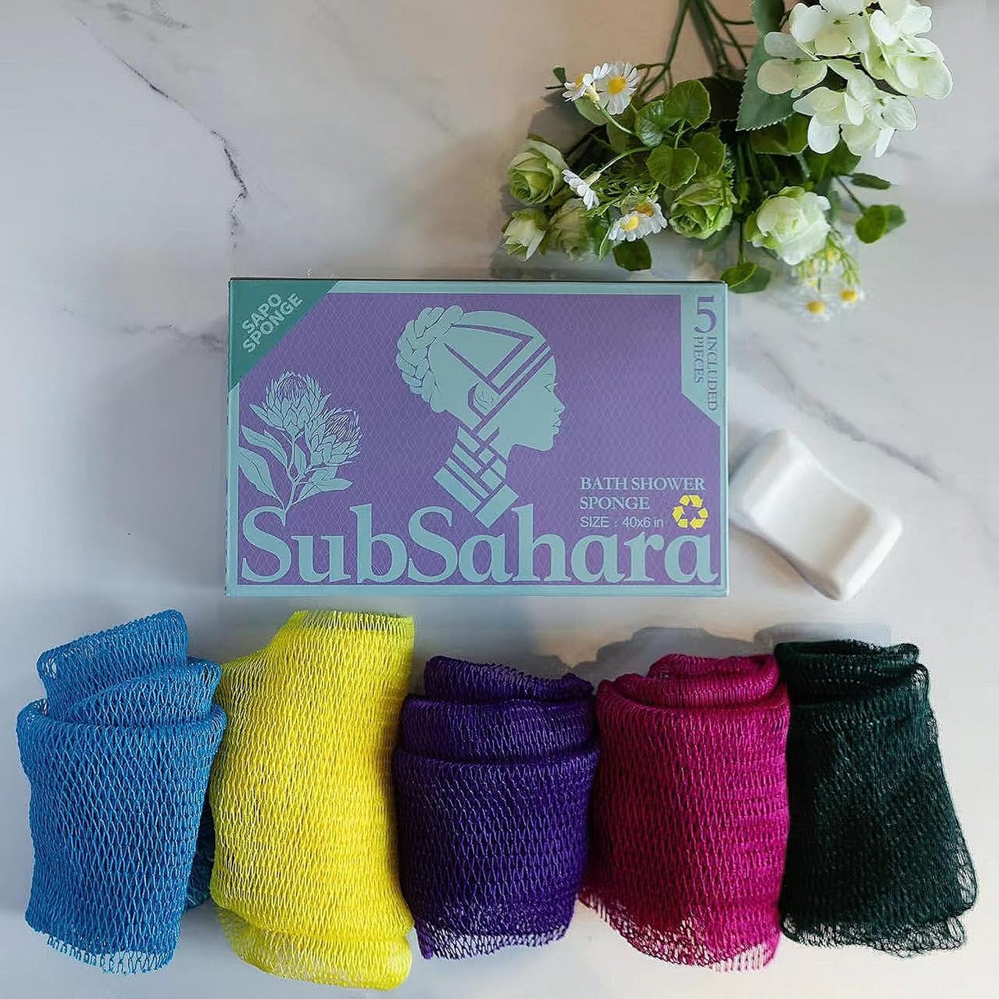 SubSahara Authentic African Net Sponge - 2 Pack Exfoliating Bath & Shower Loofah Sponge for Body & Face, Gentle Scrubber for All Skin Types, Travel, Durable Polyester (Olive Green & Light Green)