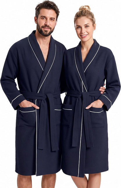 Cuffbow Cotton Robe for Women or Men Lightweight Waffle Knit Bathrobe Couple V Neck Spa Sleepwear(just 1 Set)