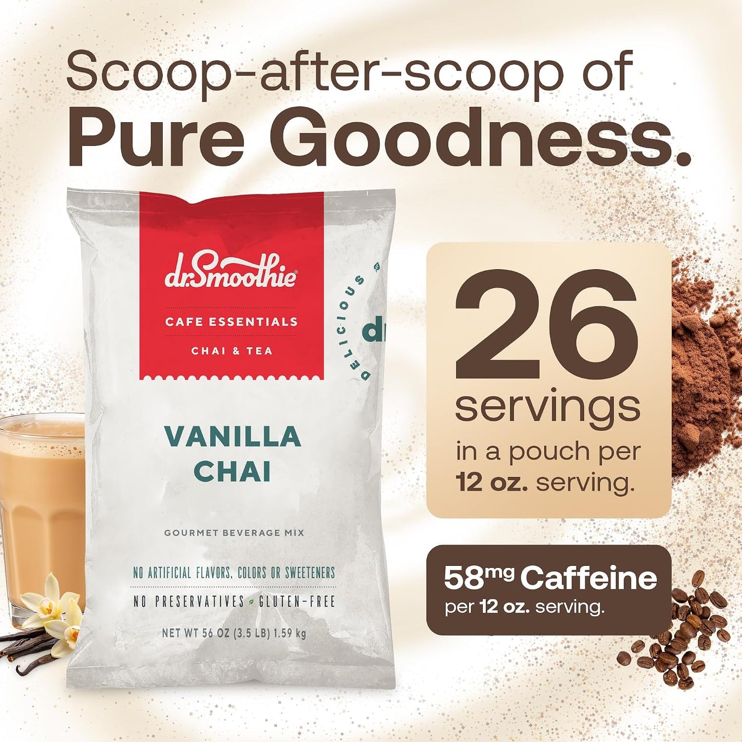 Café Essentials Matcha Green Tea Latte Frappe Mix – No Artificial Colors, Flavors, or Sweeteners – Shelf Stable – 51mg of Caffeine – Great for Hot, Iced, & Frozen Frappes (3.5 lb Bag, 30 Servings)