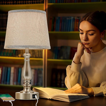 EJIAXIN Lamps for Bedrooms Set of 2, Brushed Nickel Bedside Lamps with USB C+A Ports,Dimmable Nightstand Lamps with Fabric Lampshade, Touch Table Lamp for Living Room Bedroom Office, Bulbs Included