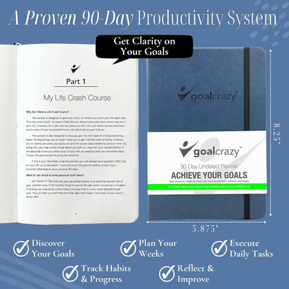Goal Crazy Undated Planner – 90 Day Guided Journal & Productivity Organizer, A5 Daily & Weekly Planner with Goal Setting, Habit Tracker, To Do List, Academic & Work Calendar, Leather Hardcover - Black