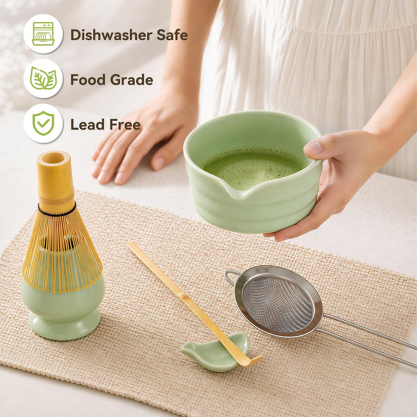 Matcha Whisk Set with Ceramic Bowl - Complete Matcha Making Kit, Bamboo Whisk (Chasen), Whisk Holder, Matcha Powder Sifter, Scoop, Japanese Tea Ceremony Tools（Green）