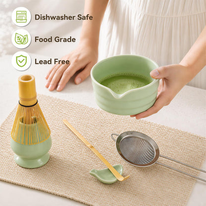 Matcha Whisk Set with Ceramic Bowl - Complete Matcha Making Kit, Bamboo Whisk (Chasen), Whisk Holder, Matcha Powder Sifter, Scoop, Japanese Tea Ceremony Tools（Green）