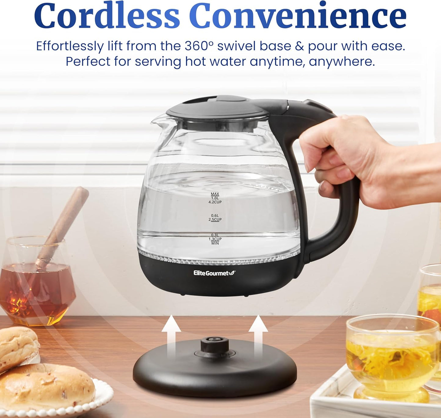 Elite Gourmet EKT3001 1L Digital Water Kettle, 304 Stainless Steel Interior, Programmed Temperatures, Keep Warm Function, Cordless, 360° Base, Auto Off & Audible Indicator, Matte Black