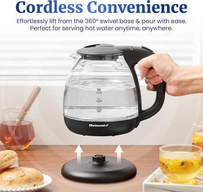Elite Gourmet EKT1001 1.0L Glass Kettle, 1100W, Cordless Base, Black