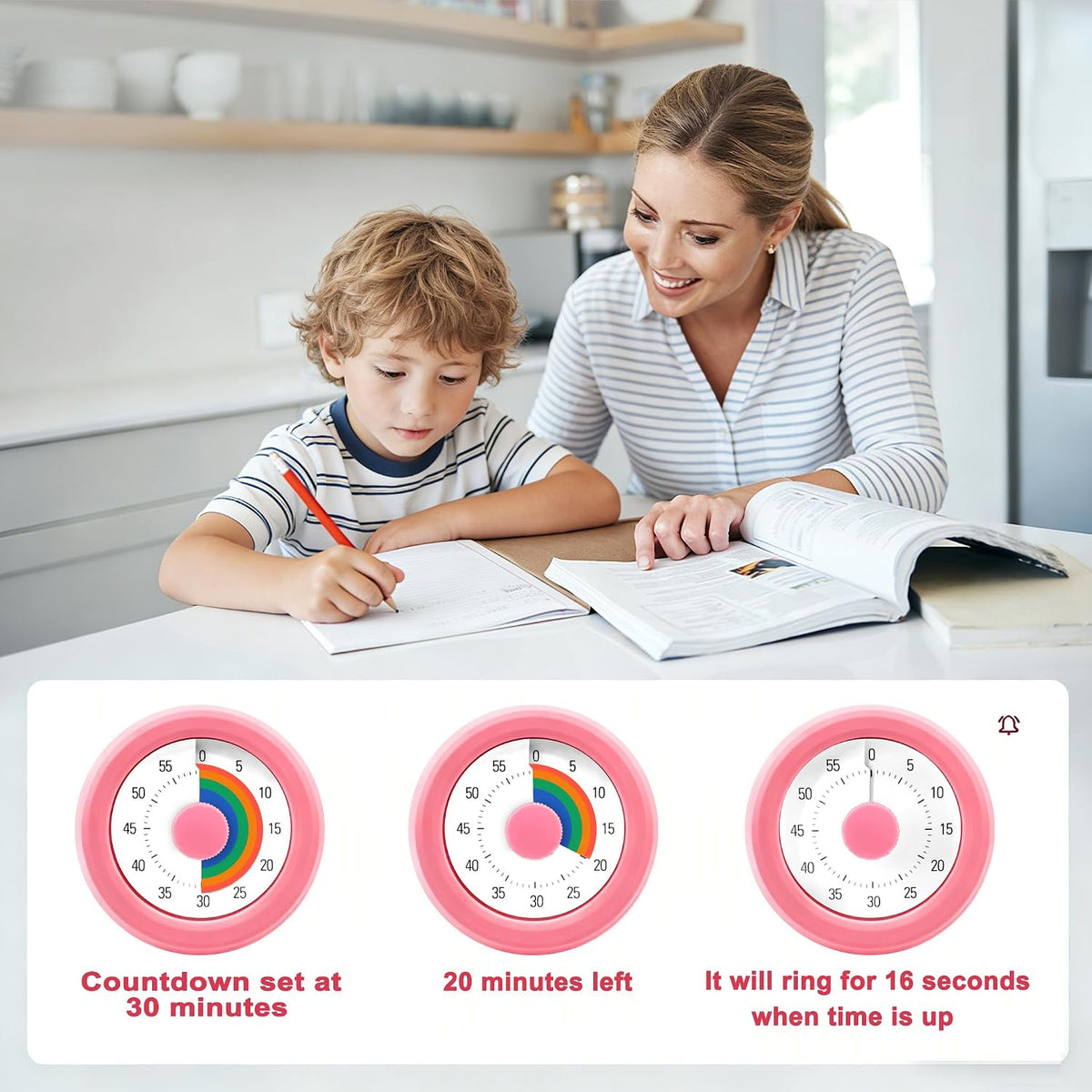 Visual Timer for Kids & Adults, 60 Minute Rainbow Countdown Timer, Time Management Tool for Classroom, Home, Kitchen, Office, School (Green-Round-Rainbow)