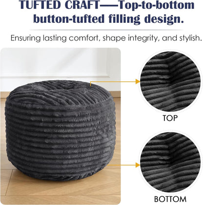 SHOUREN Stuffed Round Ottoman,Corduroy Pouf Ottoman Foot Rest with Foam Filling,Pouf Storage Ottoman Footstool for Living Room,20 X 15 Floor Poufs for Couch,Footrest Only - 20 X 15 Inches,Beige