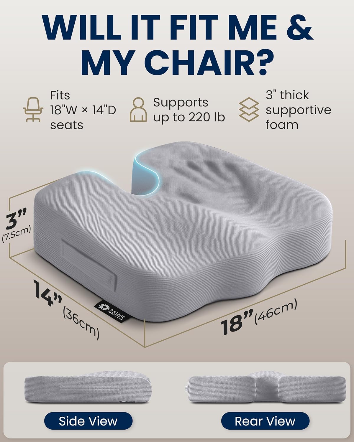 5 STARS UNITED Seat Cushion - Memory Foam Chair Cushion for Tailbone Pain Relief - Ergonomic Support for Coccyx, Sciatica & Butt - Office, Desk & Gaming Chair, Car Seat, Wheelchair, Black Suede