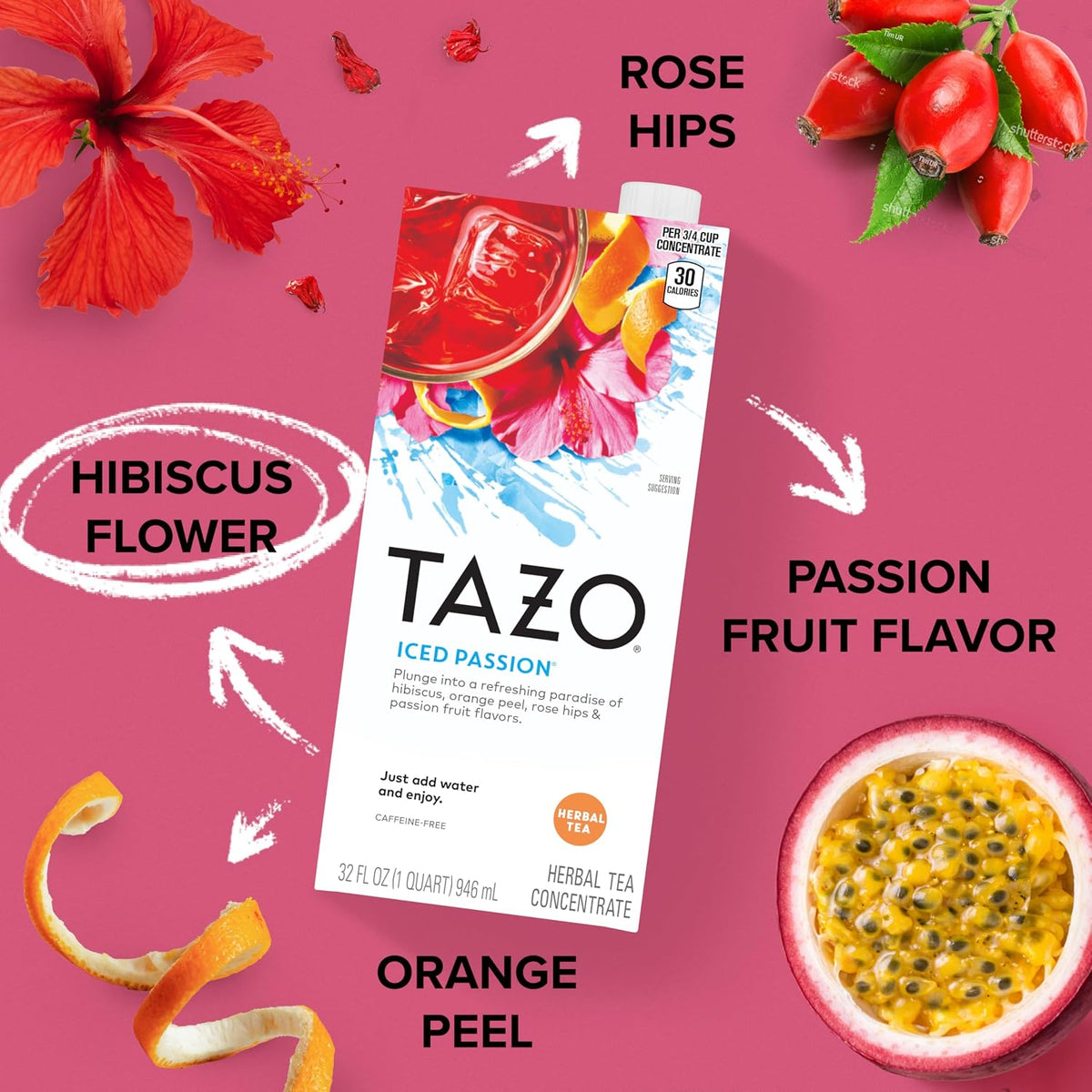TAZO Iced Passion Concentrate, Herbal Fruit Tea, Caffeine Free, Easy-to-Serve for Everyday Refreshers and Mocktails, 32 oz Carton (Pack of 2)