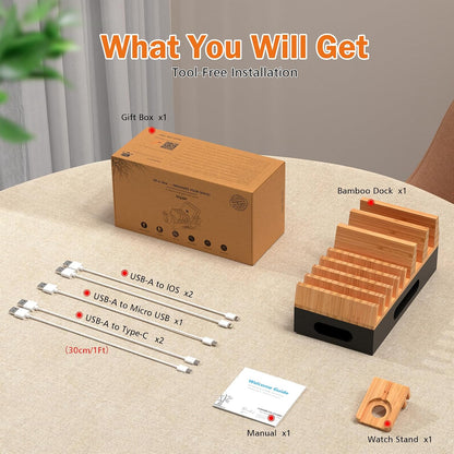 Pezin & Hulin Bamboo Charging Station with 5 Cables-Natural Bamboo