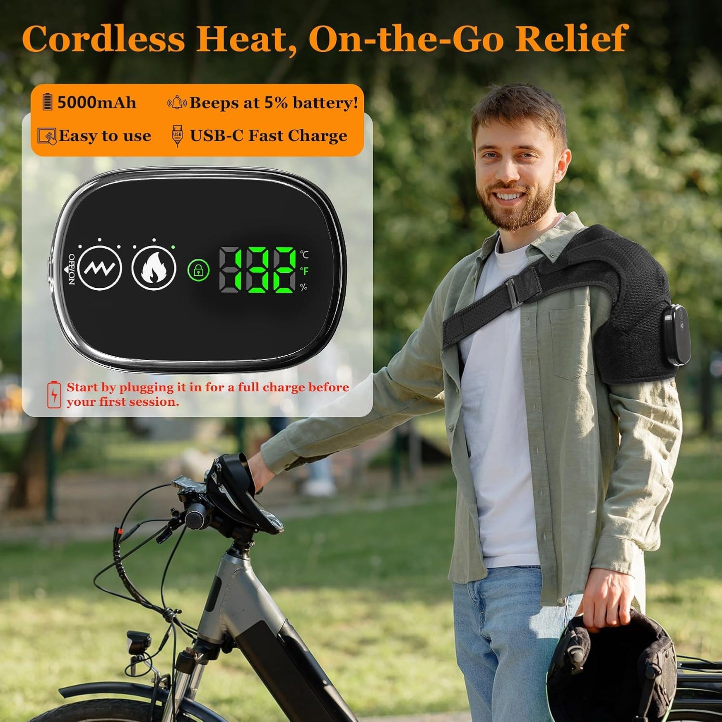Cordless Shoulder Heating Pad & Massager, Electric Heated Shoulder Brace Wrap, Heating Pads for Rotator Cuff and Frozen Pain Relief,5000mAh Chargeable Powered, Men & Women(Black)