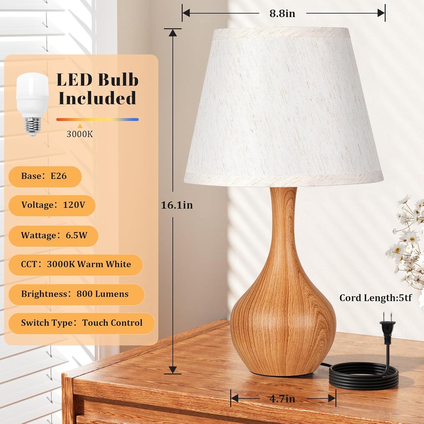 Seealle 16.1" Touch Table Lamps for Nightstand, 3-Way Dimmable Small Bedroom Lamps for Night Stands, Black Bedside Lamps for Living Room, Kids Room, End Table