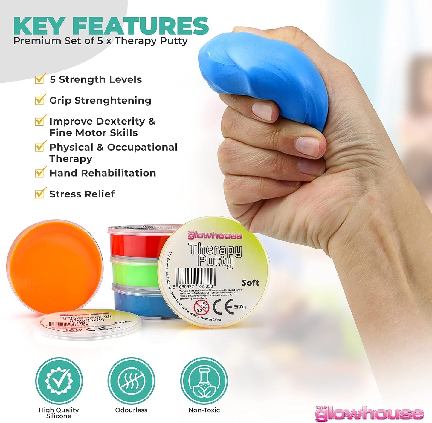 Therapy Putty Set of 5 – Extra Soft to Firm Resistance Putty for Hand Exercise, Stress Relief & Occupational Therapy – Strengthen Grip, Improve Mobility – Non-Toxic, No Odor, Durable Therapy Putty Kit