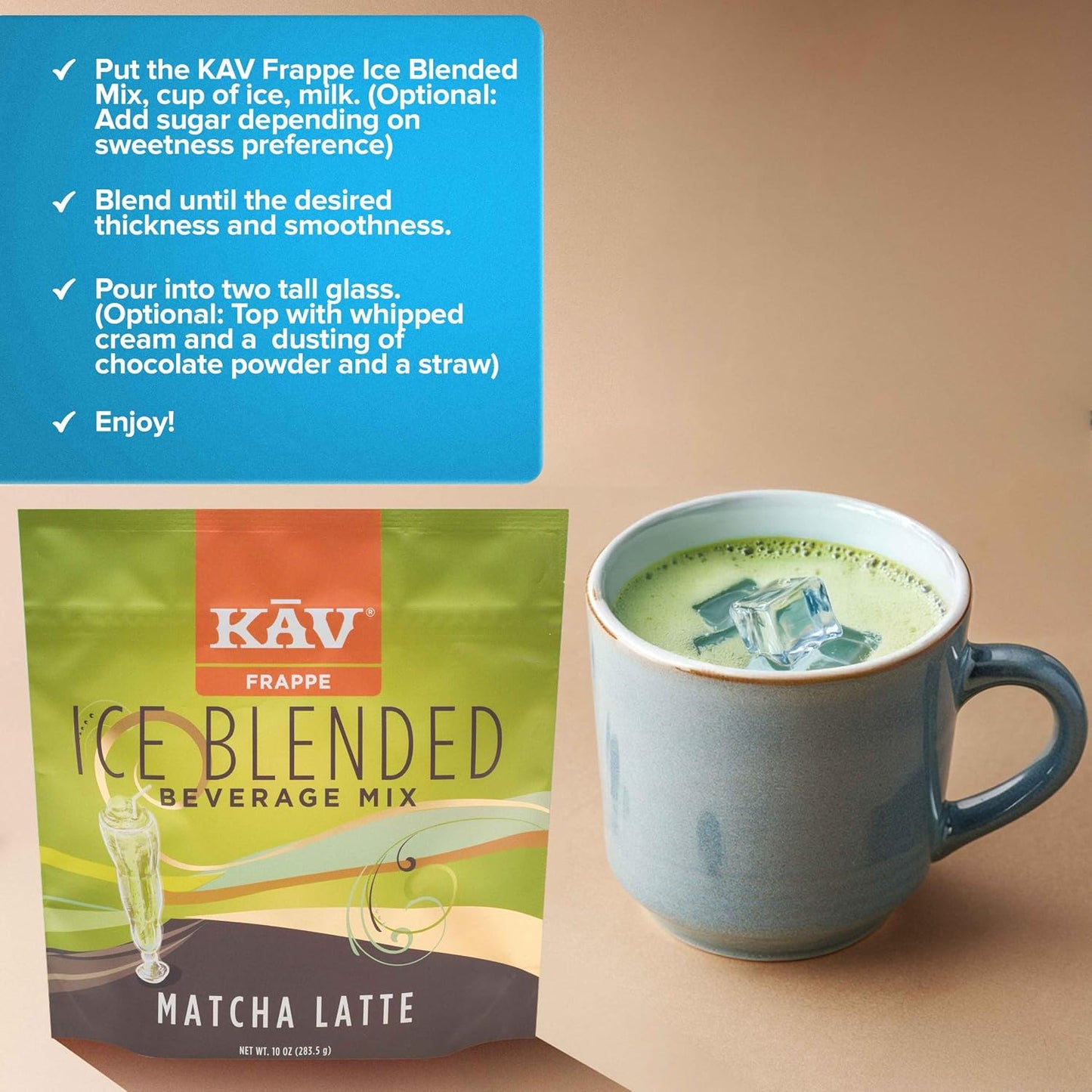KAV Iced Blended Matcha Latte Frappe Mix | Instant, Ready-to-Mix Matcha Latte Powder for Hot or Cold Drinks – 10 oz