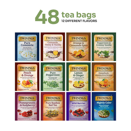 Twinings 48 Tea Bags Herbal Variety Pack – 12 Herbal Flavors, Caffeine-Free, Individually Wrapped, Perfect Tea for Any Occasion
