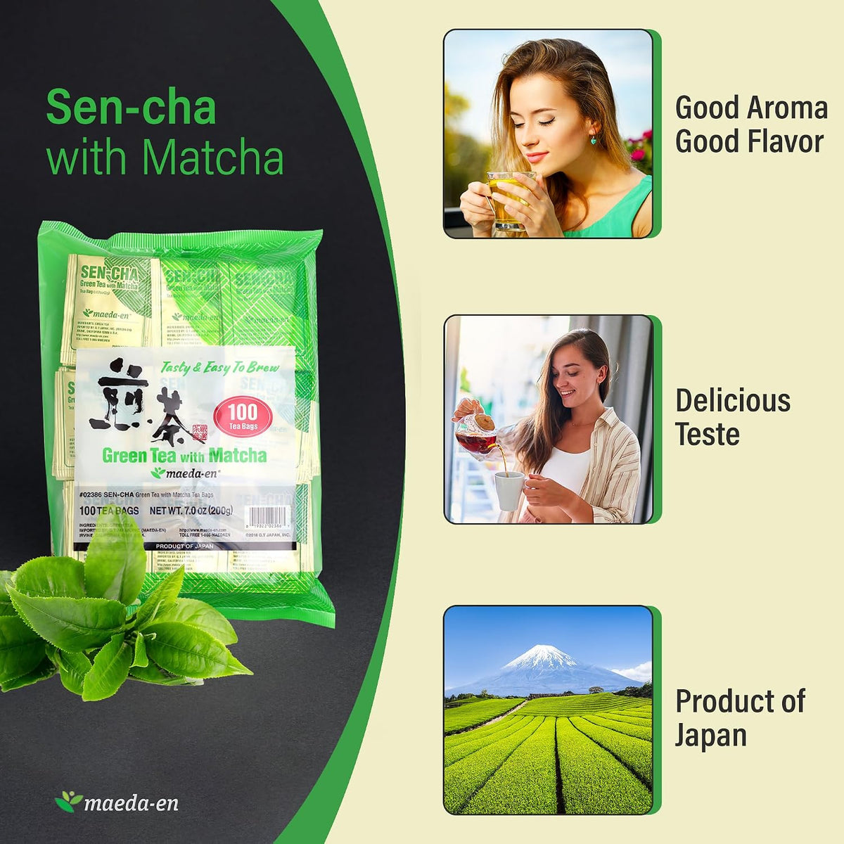 MAEDA-EN Sen-cha with Matcha Green 100 Tea Bags Powder Japanese Origin Green Tea Leaves Individually Wrapped Teabags 02386 1pk