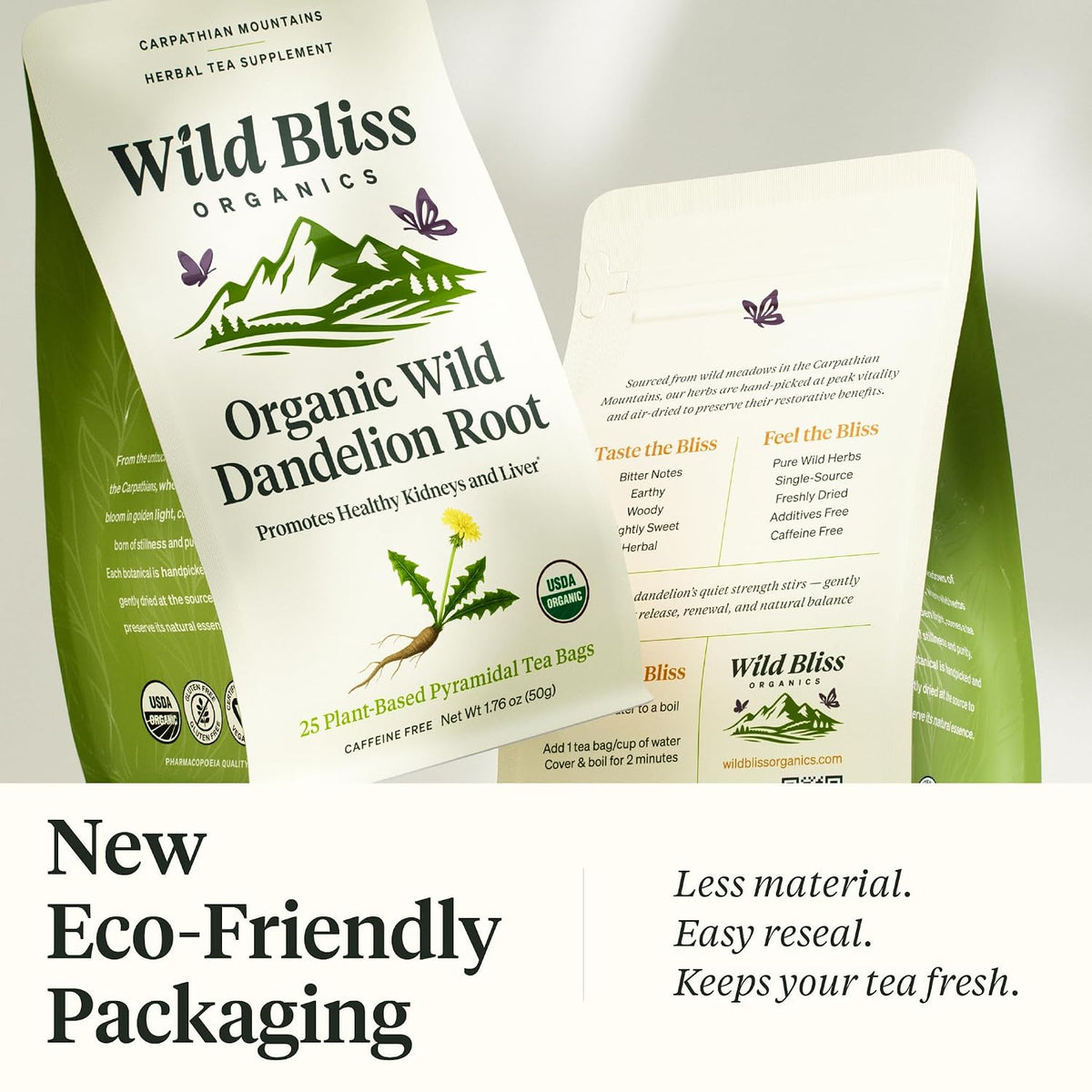 Wild Bliss Organic Wild Raw Dandelion Root Tea - Pharmacopoeia Quality Caffeine Free Herbal Detox Support - 25 Plant Based Tea Bags