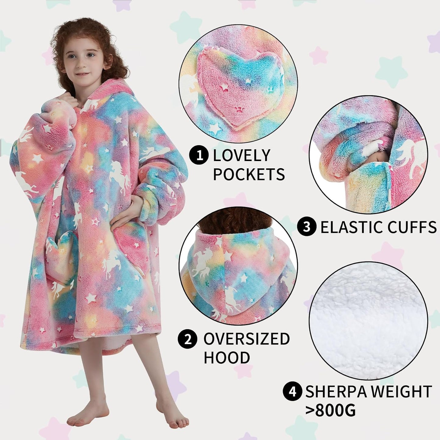 Fiosnow Glow in the Dark Unicorn Blanket Hoodies for Kids 6-13YR Oversize Wearable Blanket Hoodies for Boys Girls Teens
