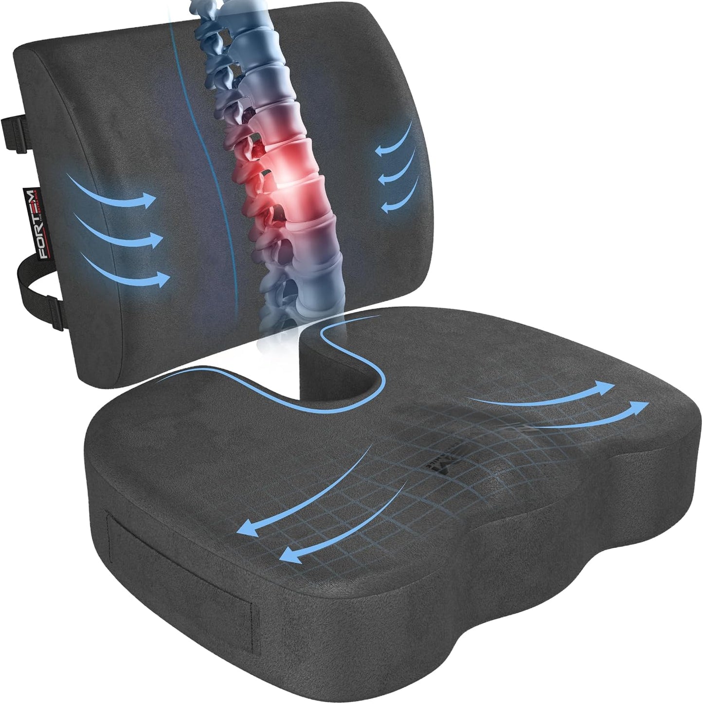 FORTEM Seat Cushion, Office Chair Cushion, Lumbar Support Pillow for Office Chair, Memory Foam Car Seat Cushions, Sciatica Coccyx Tailbone Pain Relief, Cushions for Back Support, Washable, Non Slip