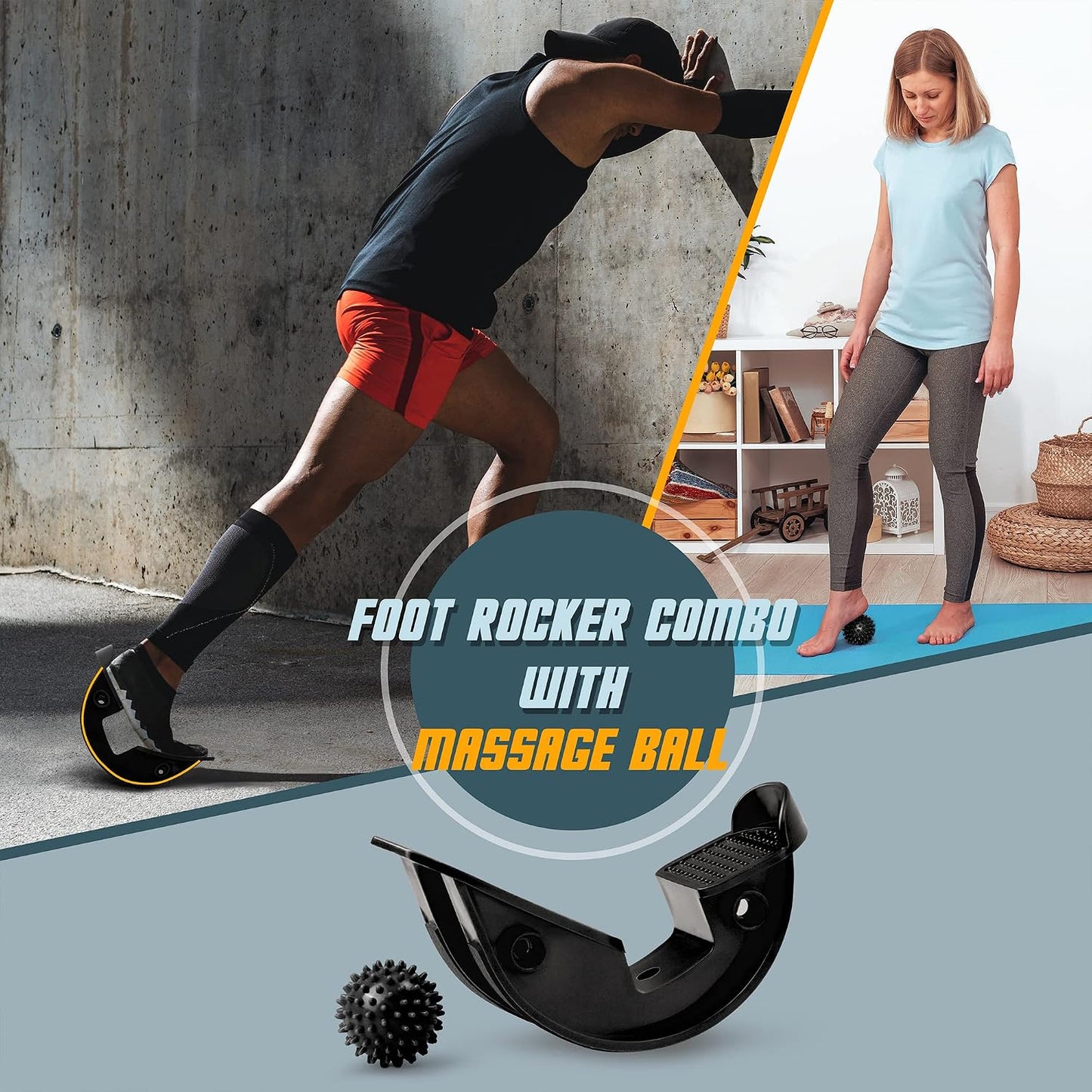 Foot Rocker with Spiky Ball, Calf Stretcher for Plantar Fasciitis Relief, Achilles Tendonitis Relief, Shin Splint Relief, Ankle Stretcher, Achilles Stretcher Improving Flexibility - Black
