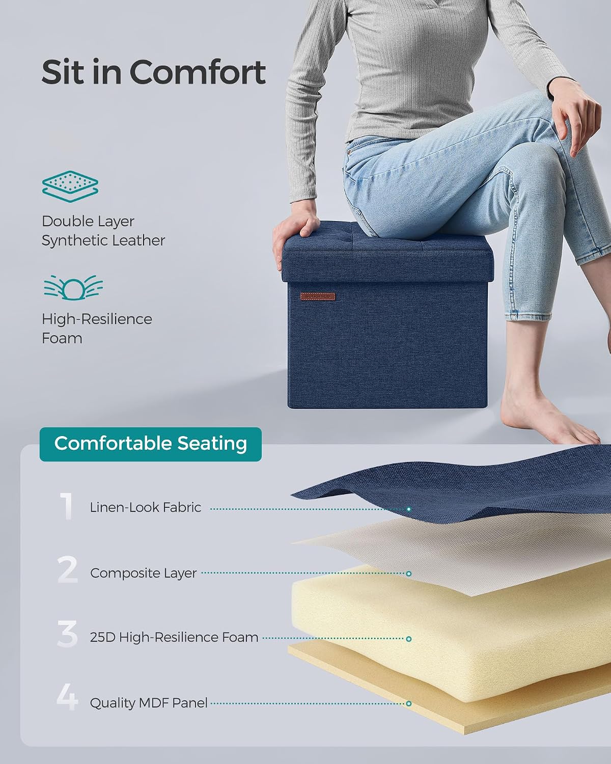 SONGMICS Mazie Collection - Small Folding Storage Ottoman, Foot Rest Stool, 12.2 x 16.1 x 12.2 Inches, 286 lb Load Capacity, for Living Room, Bedroom, Home Office, Dorm, Dark Gray ULSF102G01