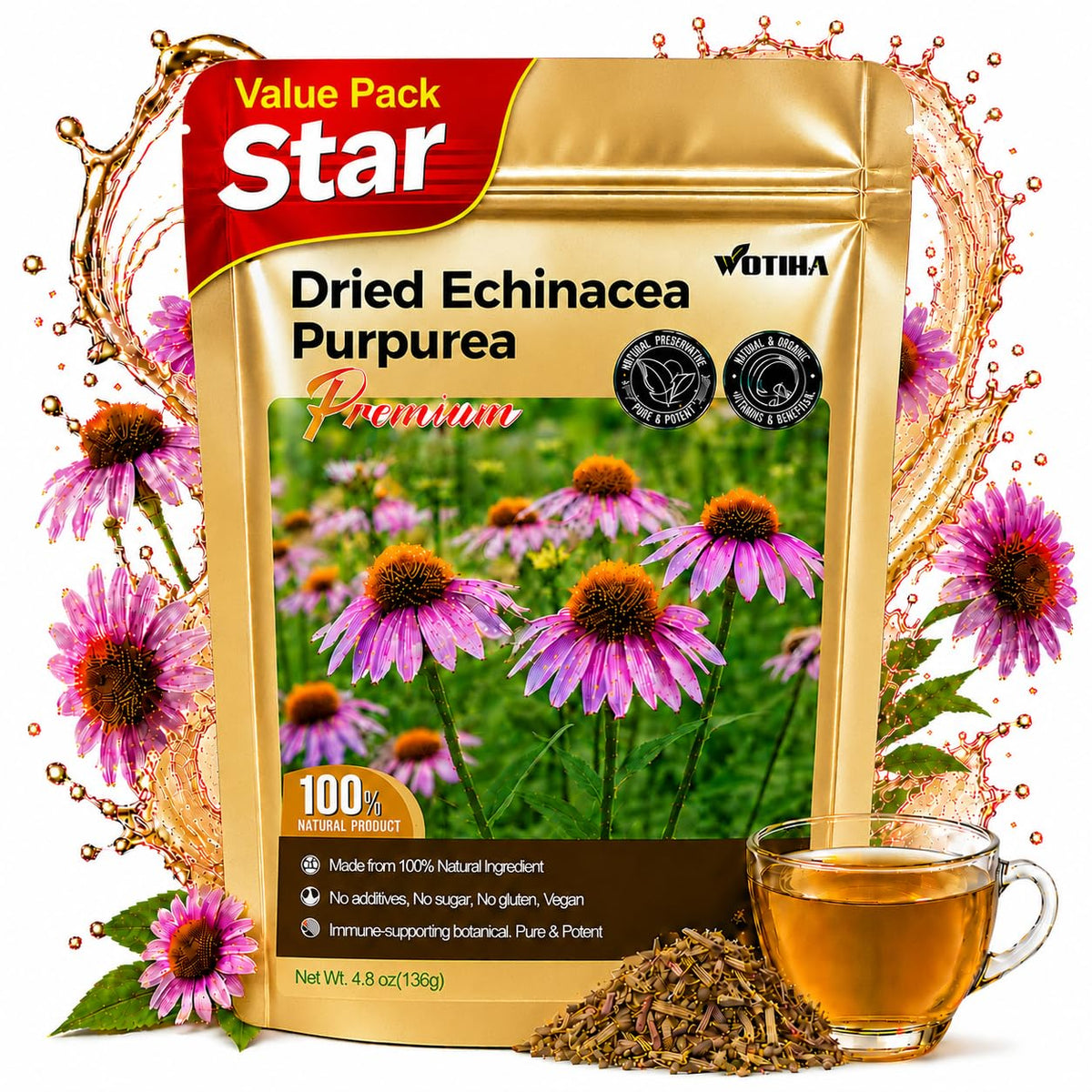 WOTIHA Dried Echinacea Herb 136g (4.8 oz), Echinacea purpurea Loose Leaves for Herbal Tea