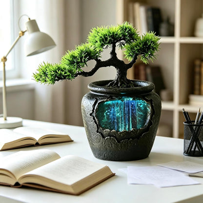 Mini Artificial Bonsai Tree Waterfall Fog Feature Rock Tabletop Fountain | 11in Desktop Decor Waterfall Fountain W/ Water Pump& Atomizer&LED Lights &Fake Tree Office Bedroom Relax