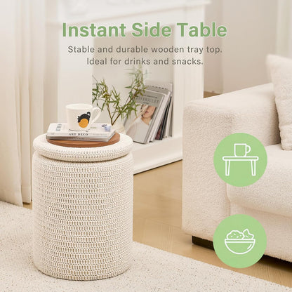 Wimarsbon Pouf Ottoman, 100% Cotton Knitted Boho Footstool, Round Footrest with Non-Skid Wood Legs, Home Décor Handmade Pouffe, Leisure Floor Step Stool for Living Room (Beige)