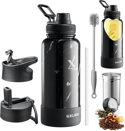 Lexlion Tea Infuser Water Bottle 32 Oz – Triple Wall Insulated Stainless Steel, Loose Leaf & Fruit Strainer, 3 Leakproof Lids, BPA-Free Silicone Sleeve, Reusable Thermal Mug