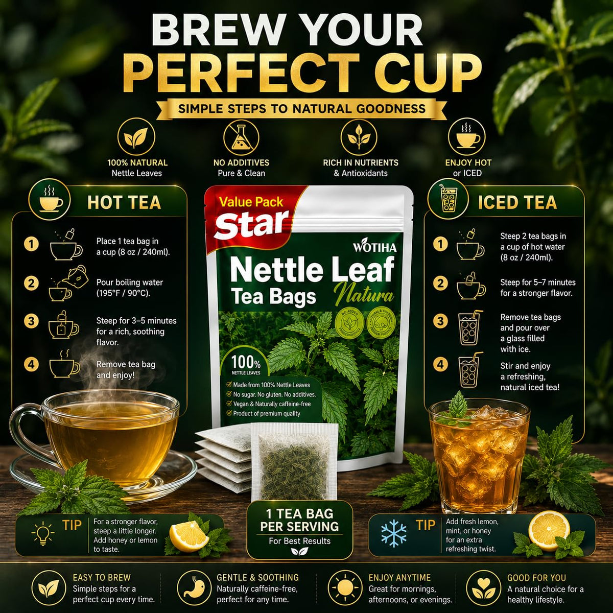 WOTIHA Premium Natural Nettle Leaf Tea Bags, 60 Count – 100% Pure Herbal Tea,Supports Kidney & Joint Health Caffeine-Free, Non-GMO, Additive-Free, Gluten-Free