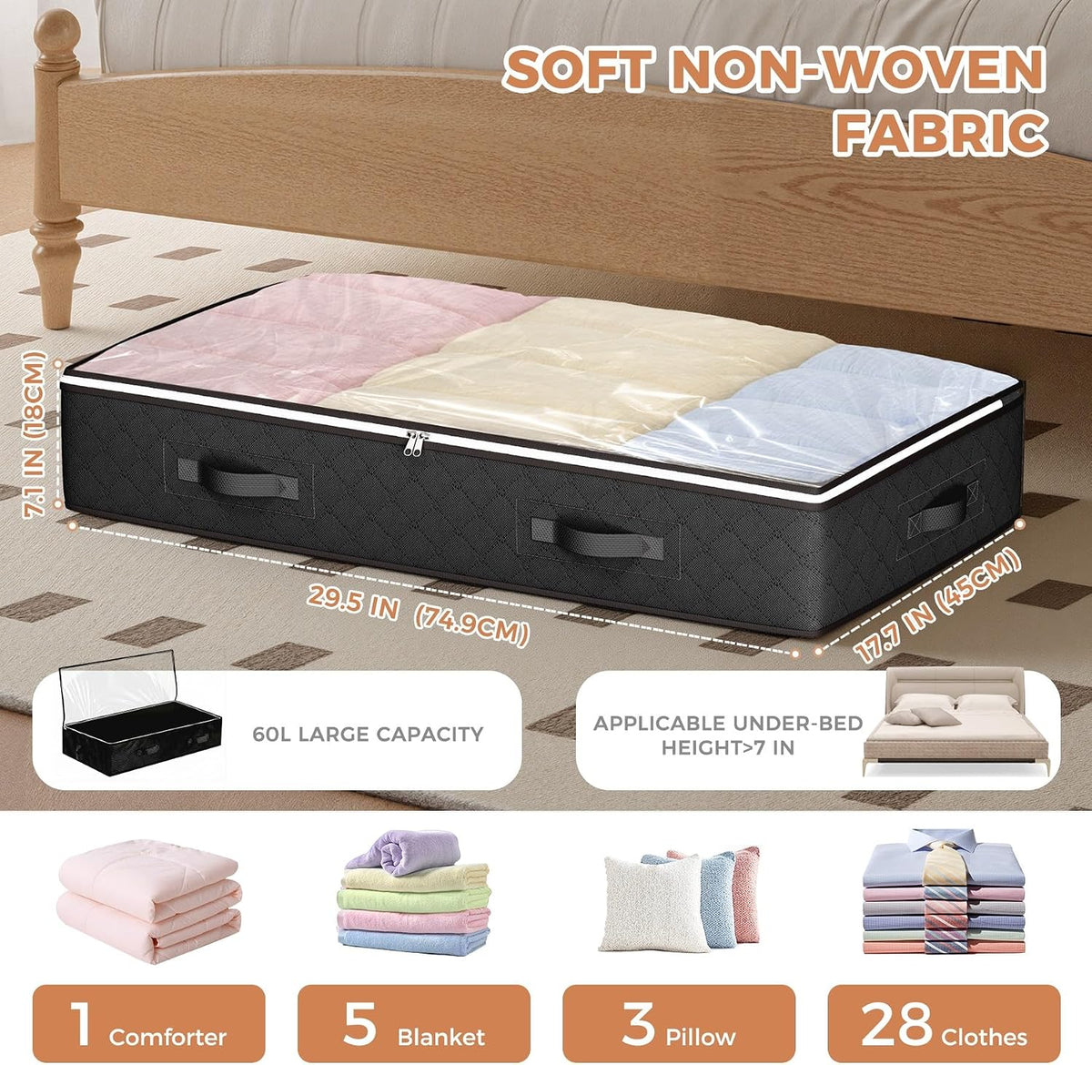 Budding Joy 95L Under Bed Storage Containers, 4 Pack Closet Organizers Grey