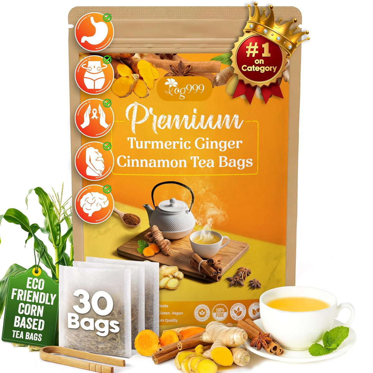 TOG999, 30 Bags Premium Turmeric Ginger Cinnamon Tea, Improve Digestion, Support Brain, Weight, Skin and Sleep, Eco-Conscious Tea Bags and Premium Natural Ingredients. Turmeric Ginger Herbal Tea. No Sugar, No Caffeine, No Gluten, Vegan.