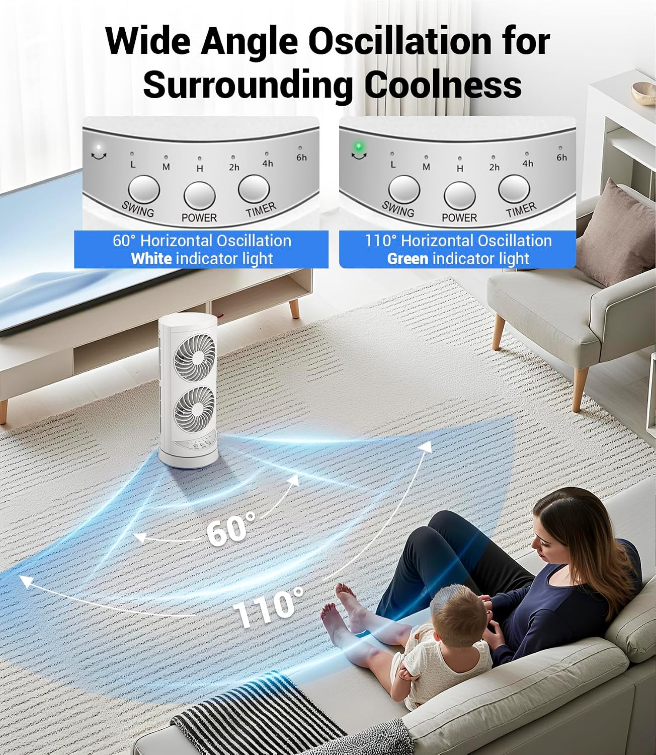 Personal Tower Cooling Fans that Blow Cold Air, Standing Small Desk Fan with 3 Speeds & Timer, 60° & 110° Oscillating Table Fan, Quiet and Safe Electric Floor Fan for Bedroom, Bedside, Home, Office
