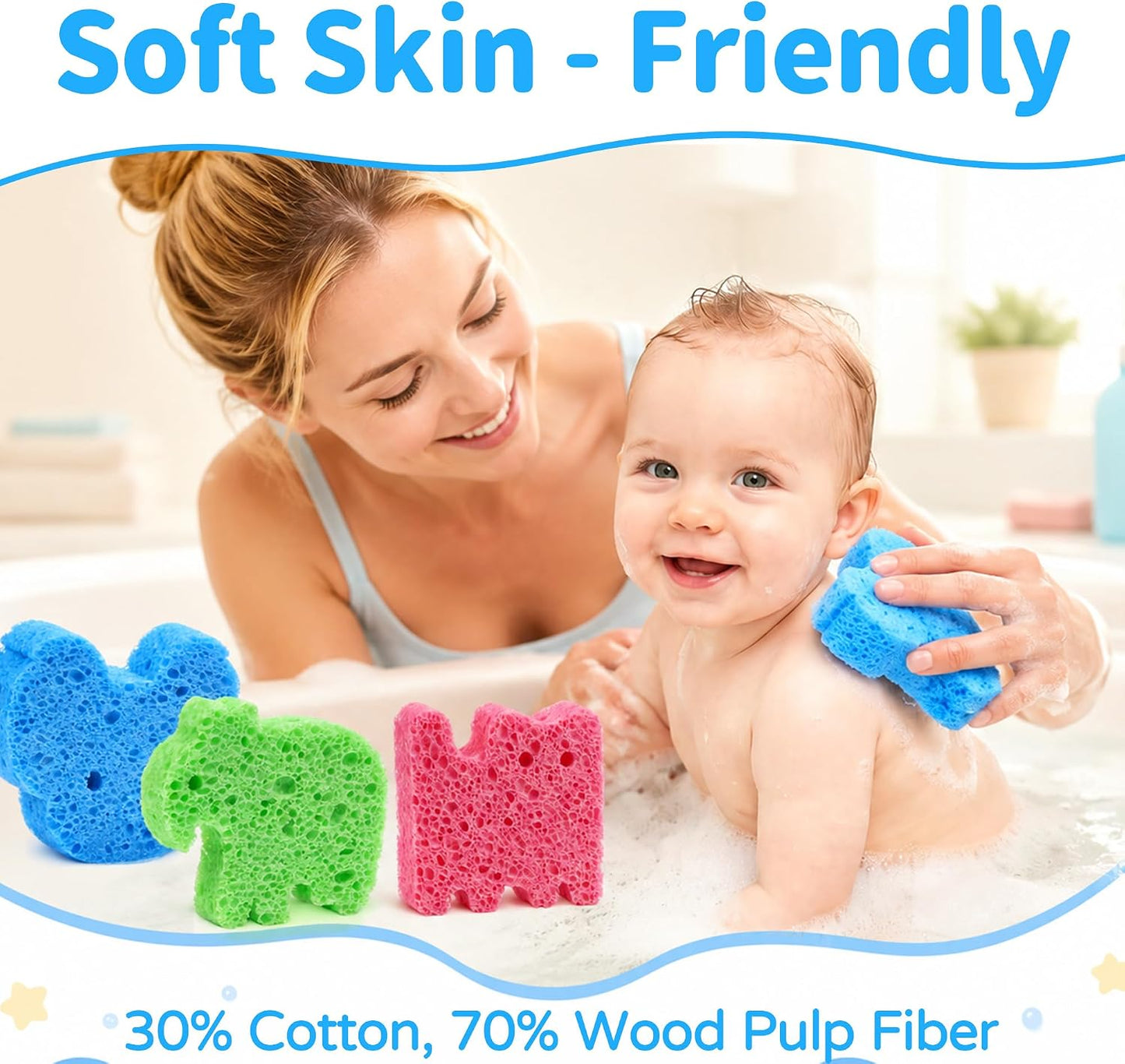 Yookat 3Pcs Cute Baby Bath Sponge Natural Soft Kids Bath Sponge with Cat Koala Elephant Shapes Plant Based Wood Pulp Cotton Shower Sponge for Infant Toddler Newborns