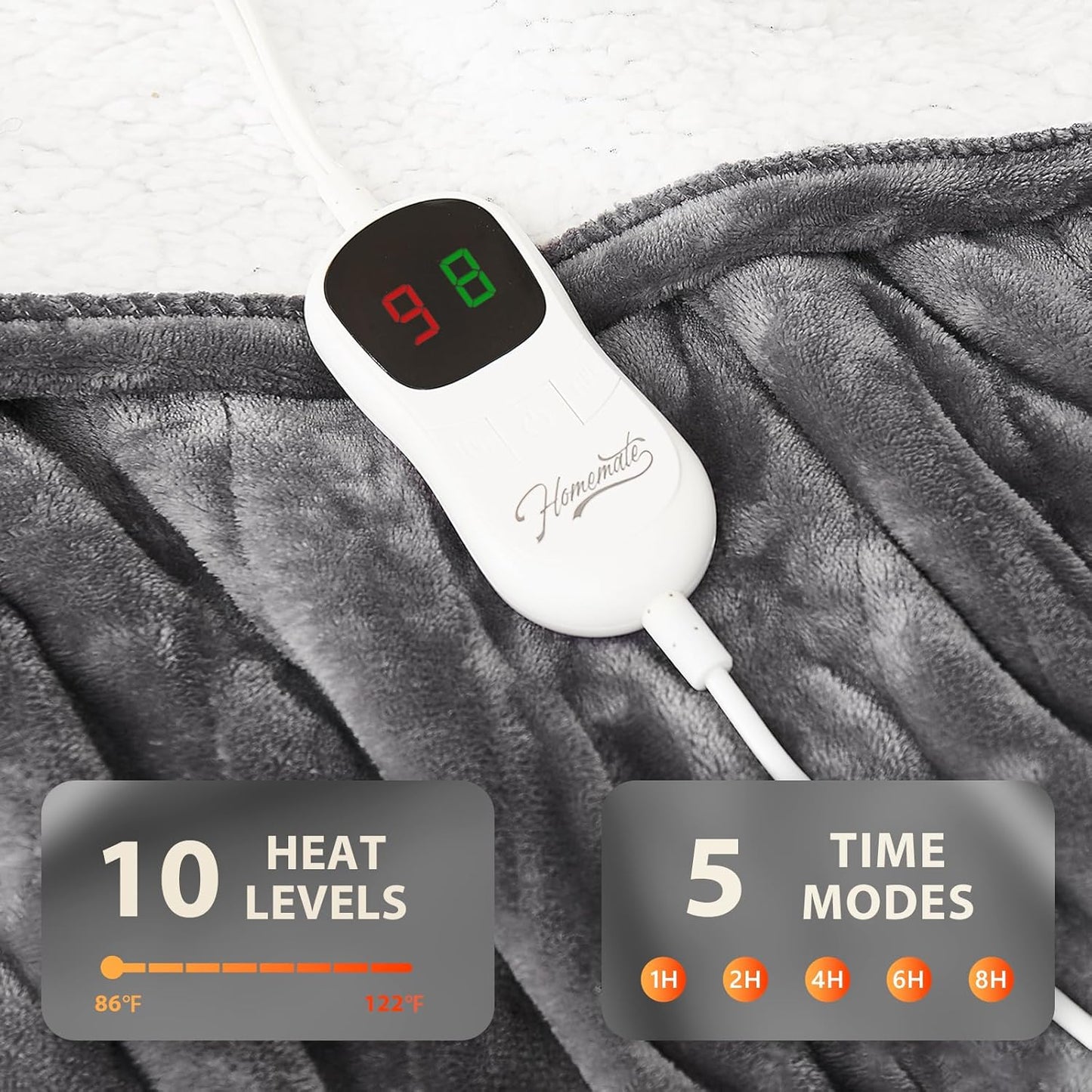 Homemate Electric Heated Blanket Twin - 62"x84" Heating Bed Blankets Throw with 10 Heating Levels 8 Hours Auto Off Fast Heating Over-Heated Protection Ultra Soft Warm Flannel ETL Certified Grey - Colors A