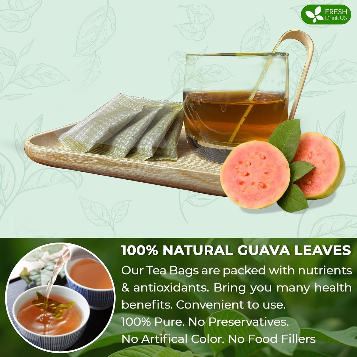 FreshDrinkUS, Premium 35 Guava Leaf Tea Bags, 100% Natural & Pure. Loose Leaf Guava Herbal Tea. No Sugar, No Caffeine, No Gluten, Vegan.