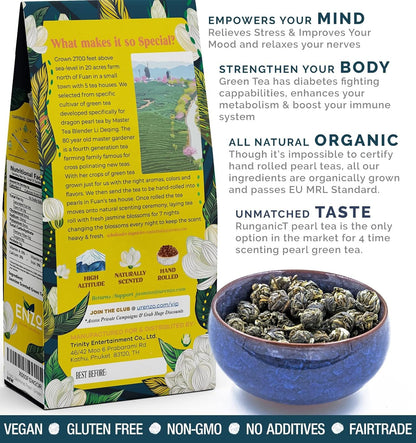 Organic Jasmine Green Tea Pearls - 4oz 113g - Dragon Pearl Tea by Enzo - Experience Soothing Scent of Jasmine Mellows Awaking Caffiene of Green Tea Pearl (Jasmine)