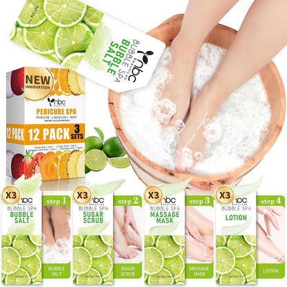 Pedicure Kit Foot Soak Set: Bubble Salt, Sugar Scrub, Massage Mask, Massage Lotion in a Box, 4 Step Foot Spa Kit for Dry Feet, Softens Calluses, Tired Feet（3 Set Lavender) - Colors A